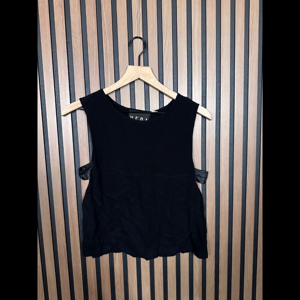 VEDA Top OS Womens Black Sleeveless Sheep Leather Blouse